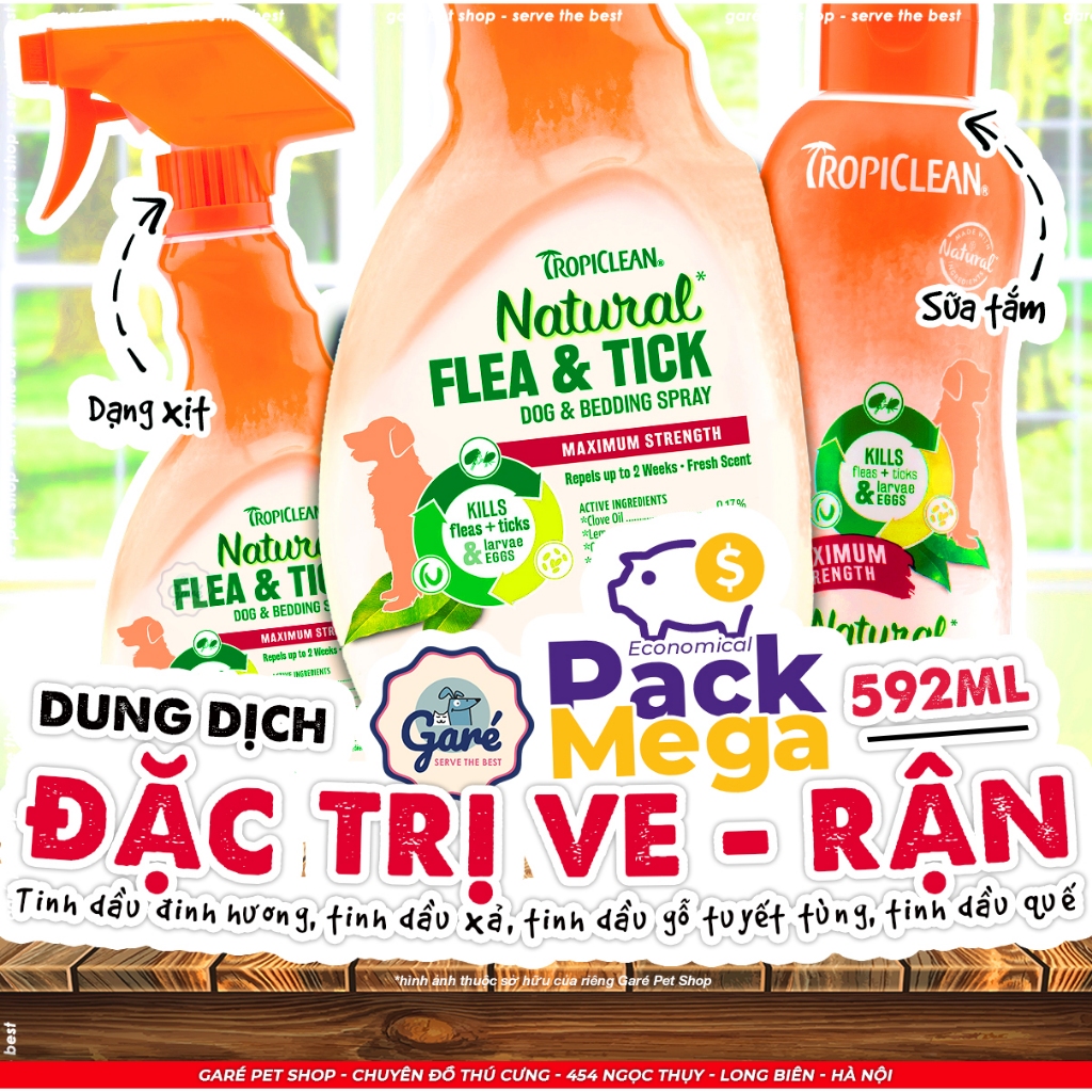 Sữa tắm Xịt Ve Rận Bọ chét & Trứng ký sinh cho Chó Mèo TropiClean Natural Kill Flea & Tick nhập Mỹ an toàn hiệu quả