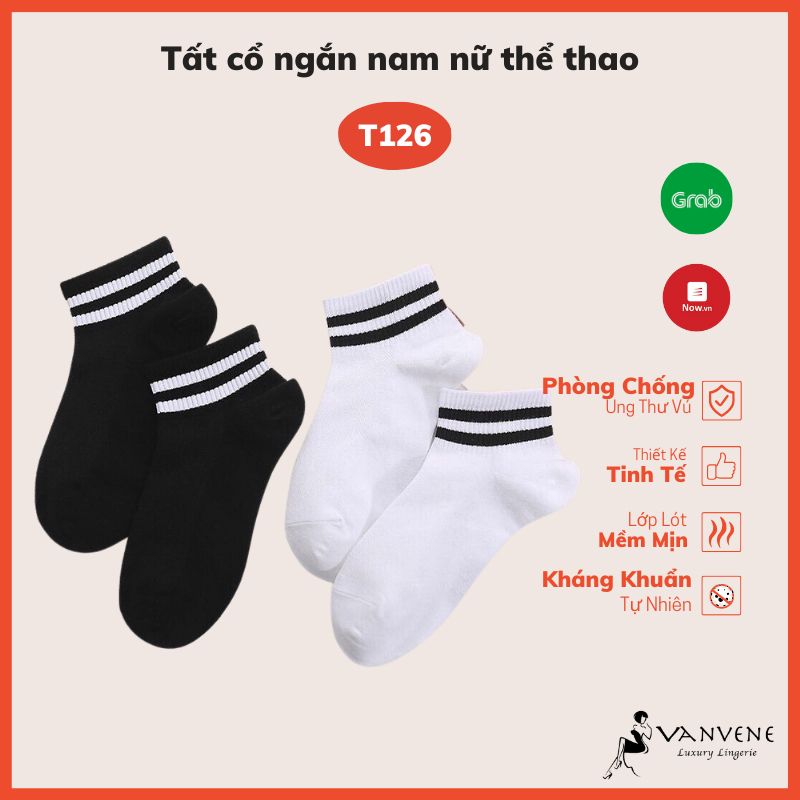 Tất, vớ nam nữ Vanvene T126 cổ ngắn phong cách thể thao viền 2 sọc tone màu đen trắng