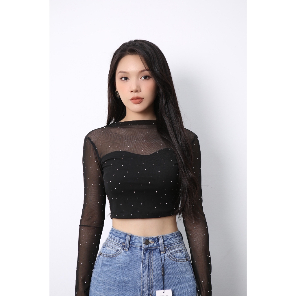 Áo Croptop Nữ, Áo Kiểu Nữ Đính Đá Chất Liệu Lưới Co Giãn Siêu Sang Chảnh Sành Điệu, CTWOMEN