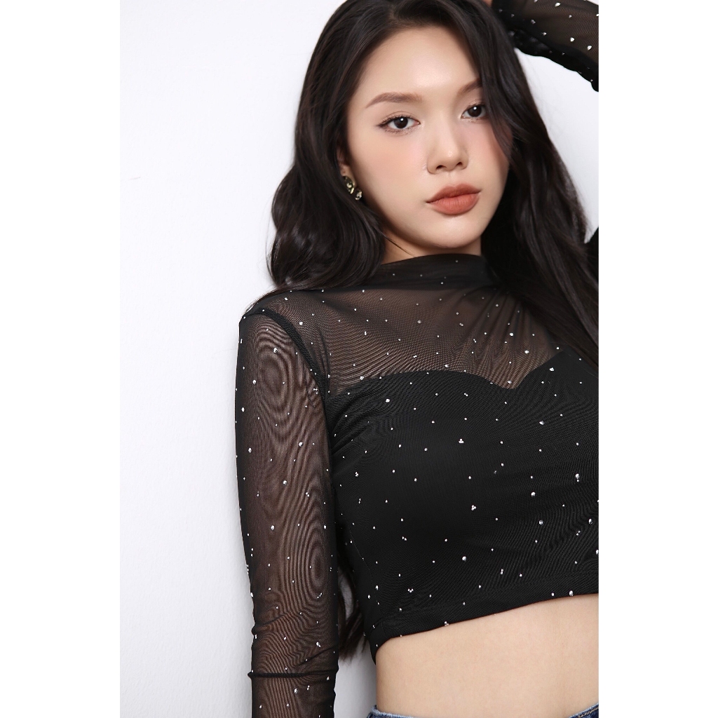 Áo Croptop Nữ, Áo Kiểu Nữ Đính Đá Chất Liệu Lưới Co Giãn Siêu Sang Chảnh Sành Điệu, CTWOMEN