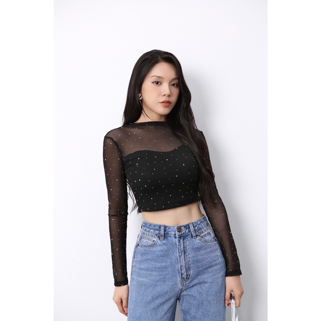 Áo Croptop Nữ, Áo Kiểu Nữ Đính Đá Chất Liệu Lưới Co Giãn Siêu Sang Chảnh Sành Điệu, CTWOMEN