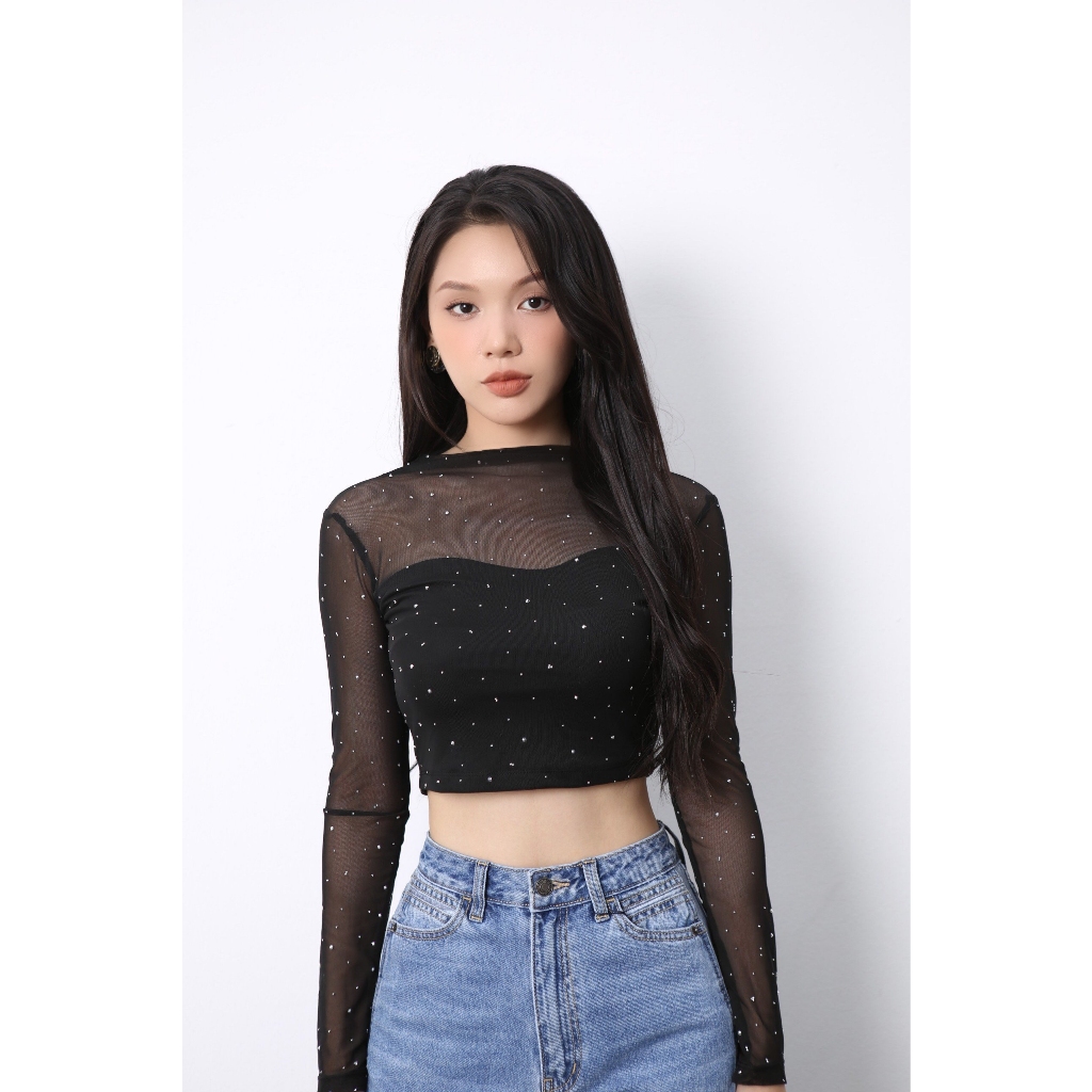 Áo Croptop Nữ, Áo Kiểu Nữ Đính Đá Chất Liệu Lưới Co Giãn Siêu Sang Chảnh Sành Điệu, CTWOMEN