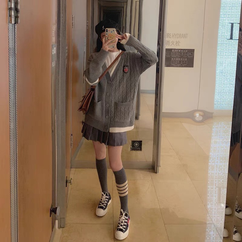 Áo khoác cardigan nữ dáng dài hàn quốc phối sọc trắng Deliz mùa đông dày ấm nhiều màu pastel ChouChou