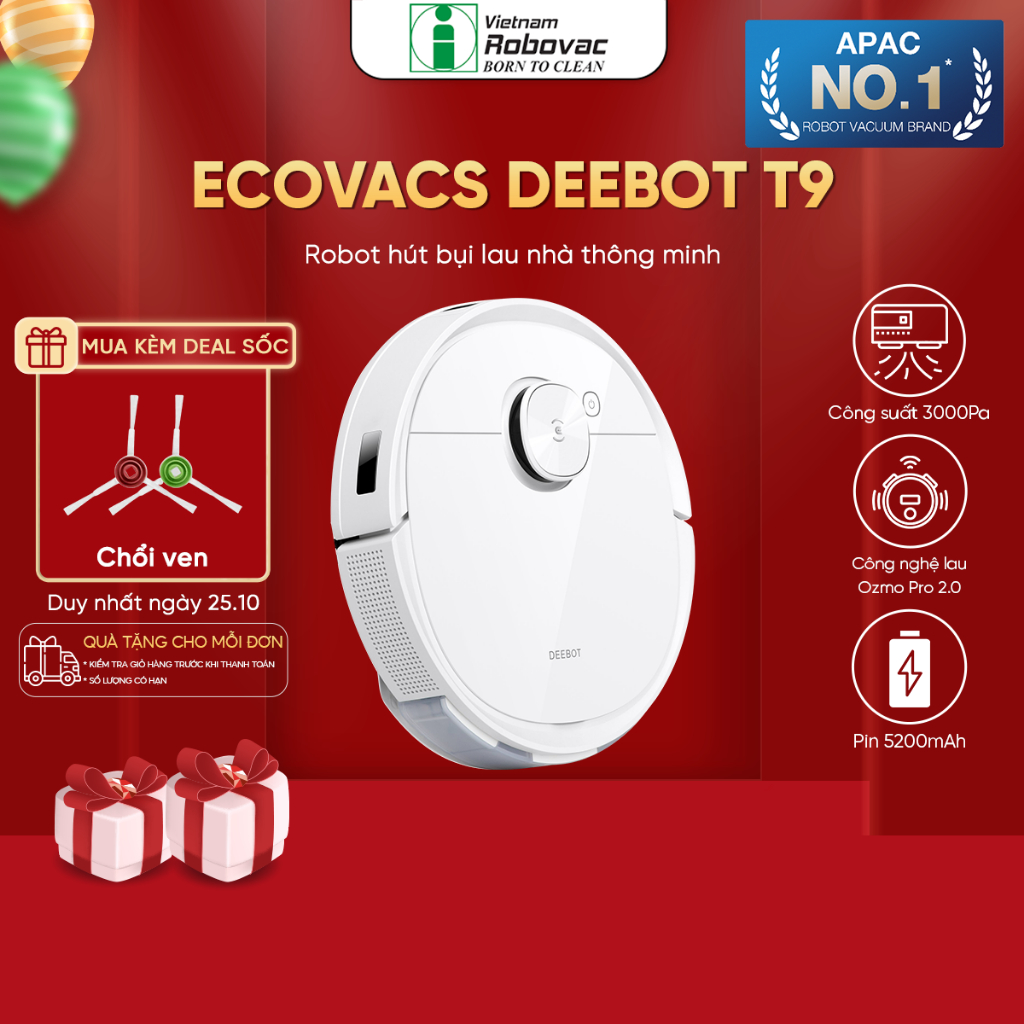 Robot Hút Bụi Lau Nhà Ecovacs Deebot T9(DLX13-44) - Lực hút Max 3000Pa-Bản Quốc Tế -Hàng Chính Hãng - Bảo Hành 24 Tháng