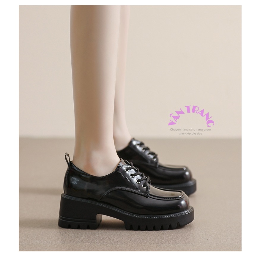 Giày da bóng mũi vuông đế vuông cao 6cm phong cách Retro Big Size 34-41