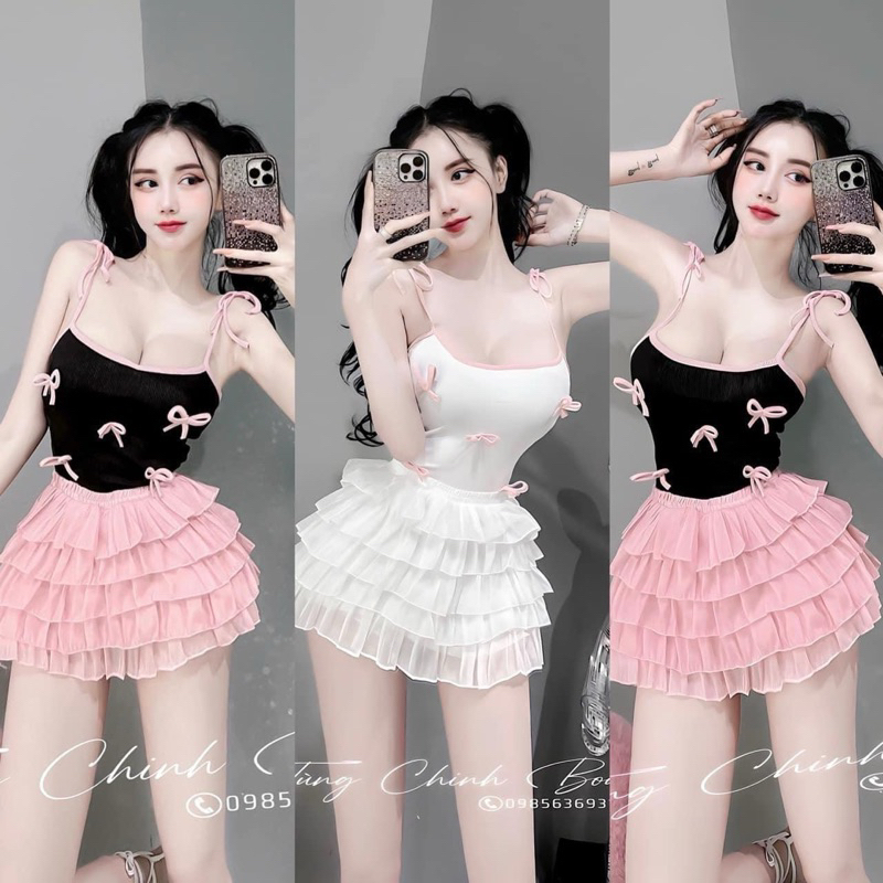 Set Bộ Áo Dây Nơ Nổi Croptop Viền + Chân Váy Tầng Có Lót Quần