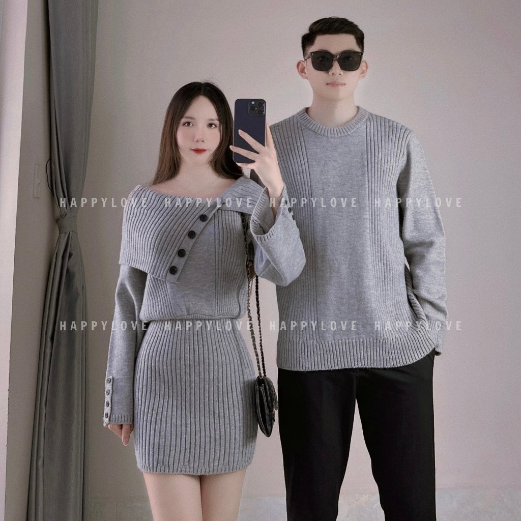 Đồ đôi nam nữ set couple áo nam đầm nữ mùa đông HAPPYLOVE màu ghi xám chất vải len dày mịn đẹp M124