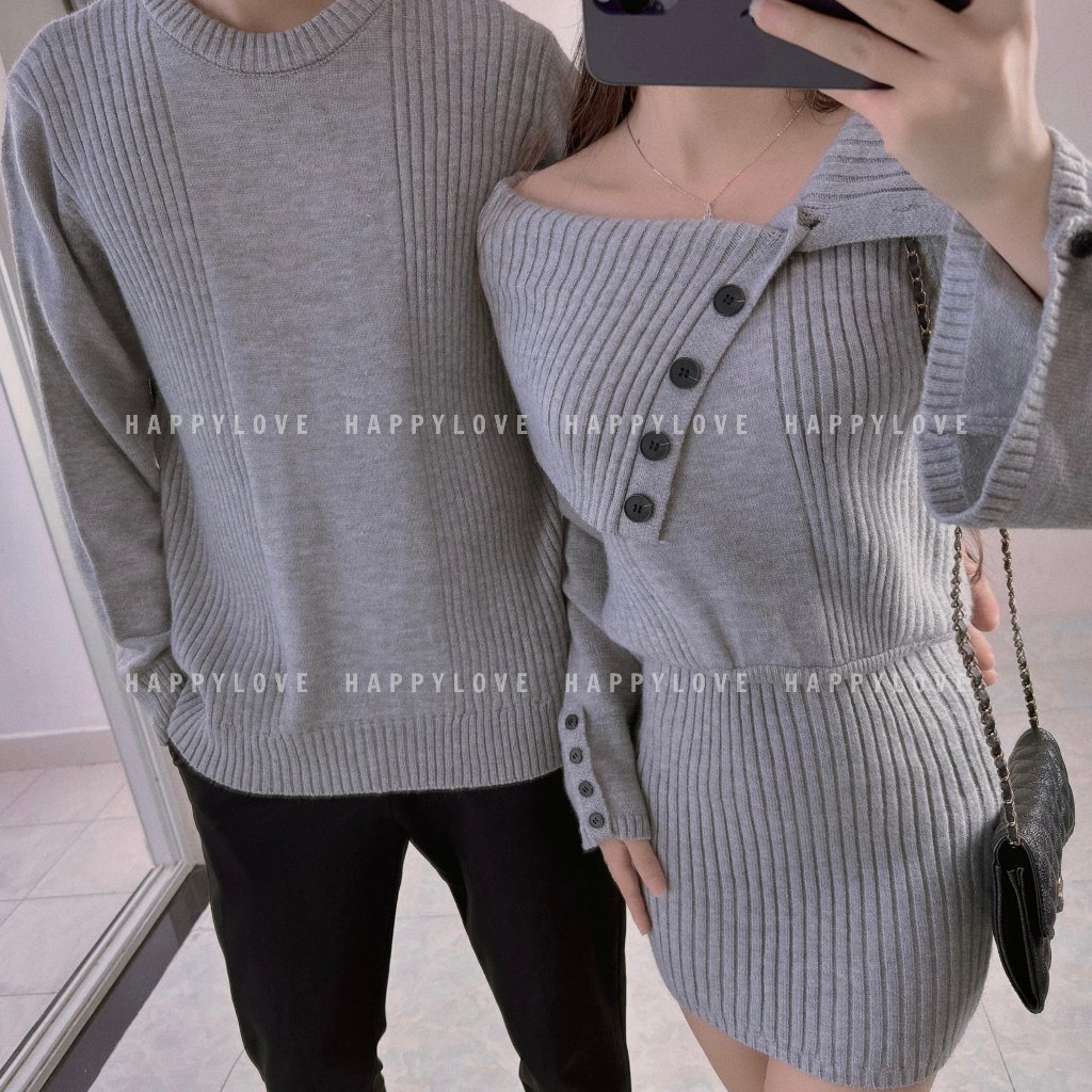 Đồ đôi nam nữ set couple áo nam đầm nữ mùa đông HAPPYLOVE màu ghi xám chất vải len dày mịn đẹp M124
