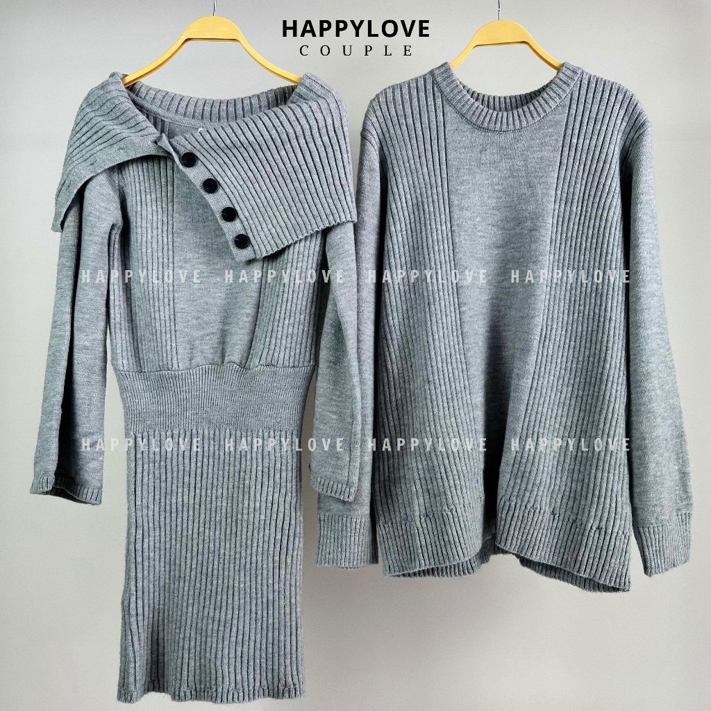Đồ đôi nam nữ set couple áo nam đầm nữ mùa đông HAPPYLOVE màu ghi xám chất vải len dày mịn đẹp M124