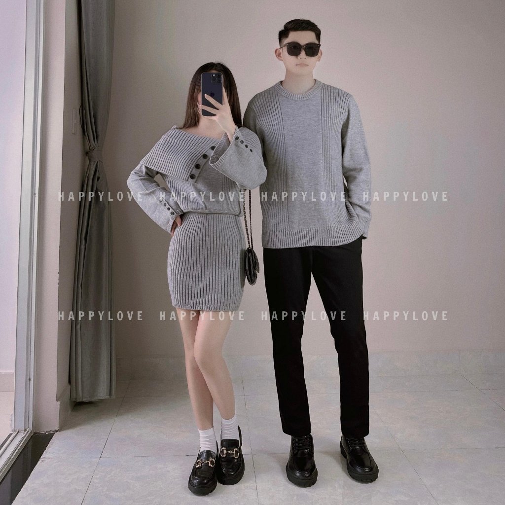 Đồ đôi nam nữ set couple áo nam đầm nữ mùa đông HAPPYLOVE màu ghi xám chất vải len dày mịn đẹp M124