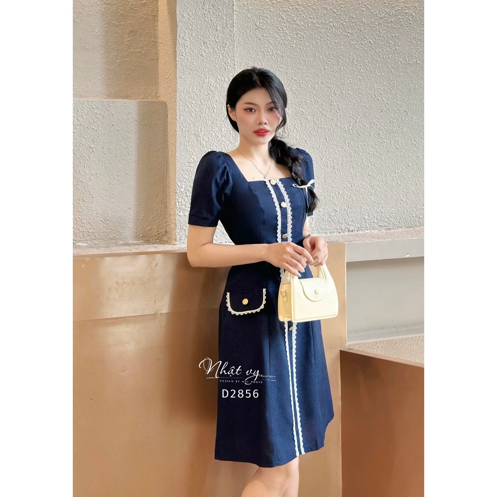 Đầm dự tiệc Nhật Vy cổ vuông form dáng ôm phối viền ren tay phồng chất linen phù hợp đi chơi dạo phố sang chảnh - D2856
