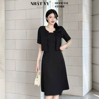 Set đầm 2 dây dáng xoè đính cúc bọc phối áo khoác tay ngắn Nhật Vy chất lụa phù hợp công sở đi chơi dự tiệc - D2855