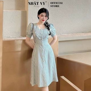 Đầm caro cổ vuông phối bèo ngực form dáng xoè chất caro lụa nhẹ nhàng phù hợp công sở đi chơi cafe - D2766