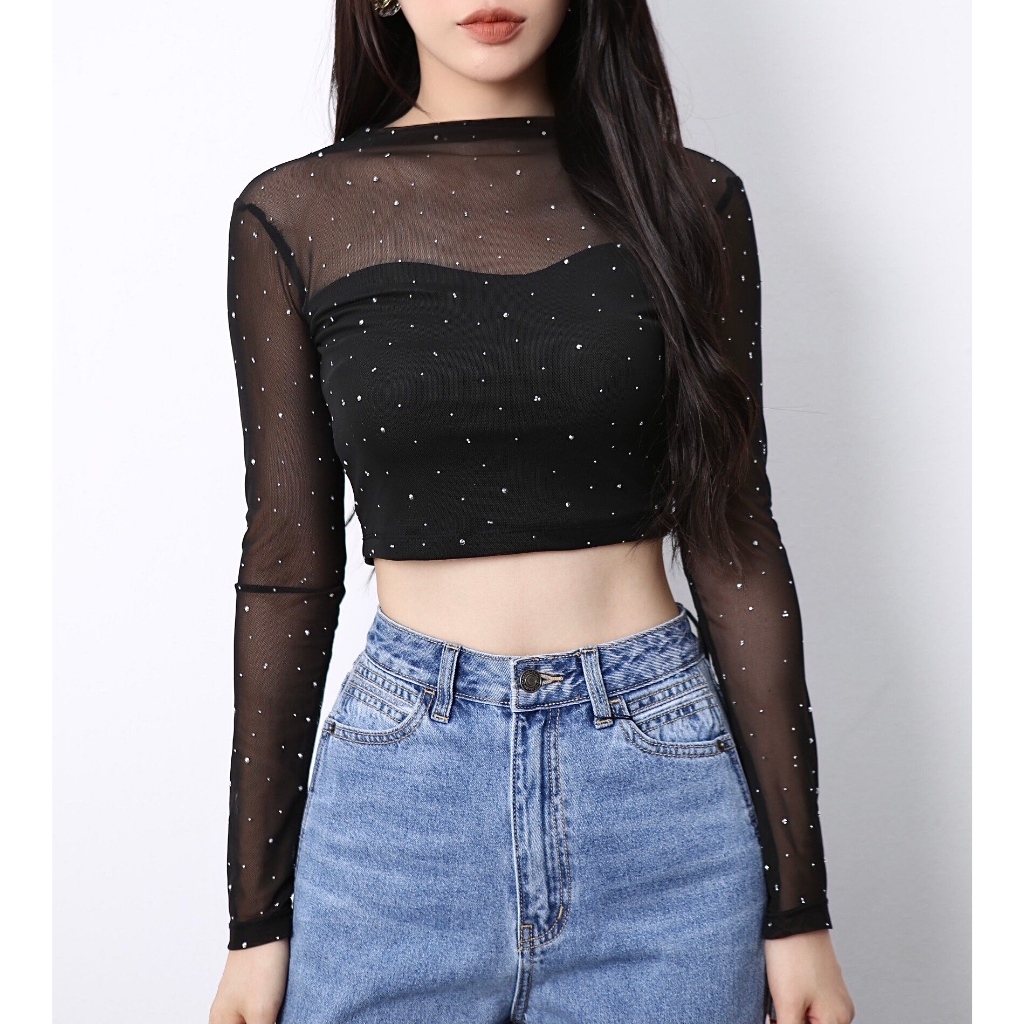 Áo Croptop Nữ, Áo Kiểu Nữ Đính Đá Chất Liệu Lưới Co Giãn Siêu Sang Chảnh Sành Điệu, CTWOMEN