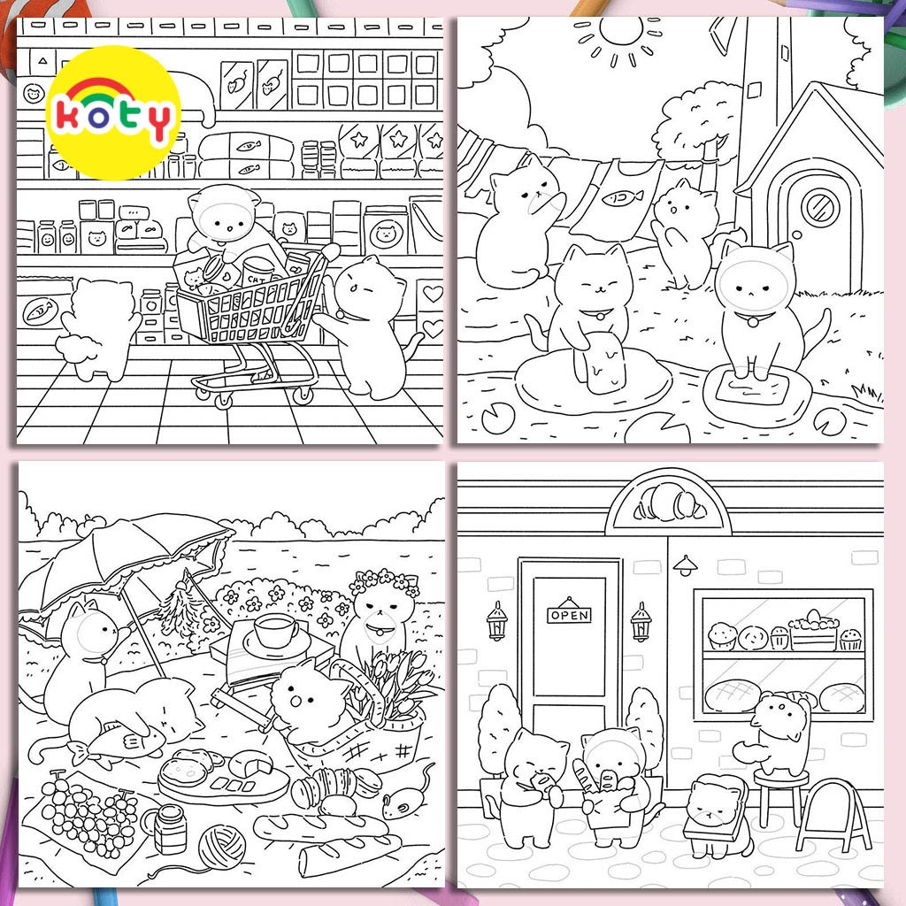 Tranh Tô Màu ''Gia Đình Mèo'' Chất Giấy Dày Đẹp - Hình In Sắc Nét TM 107