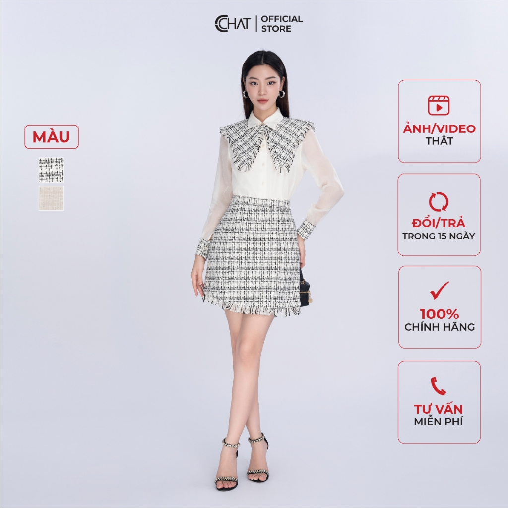 Set Đồ Nữ 𝐂𝐂𝐇𝐀𝐓 Áo Sơ Mi Chân Váy Dáng A Họa Tiết Chất Dạ Tweed Cao Cấp 23BDZ8006AT
