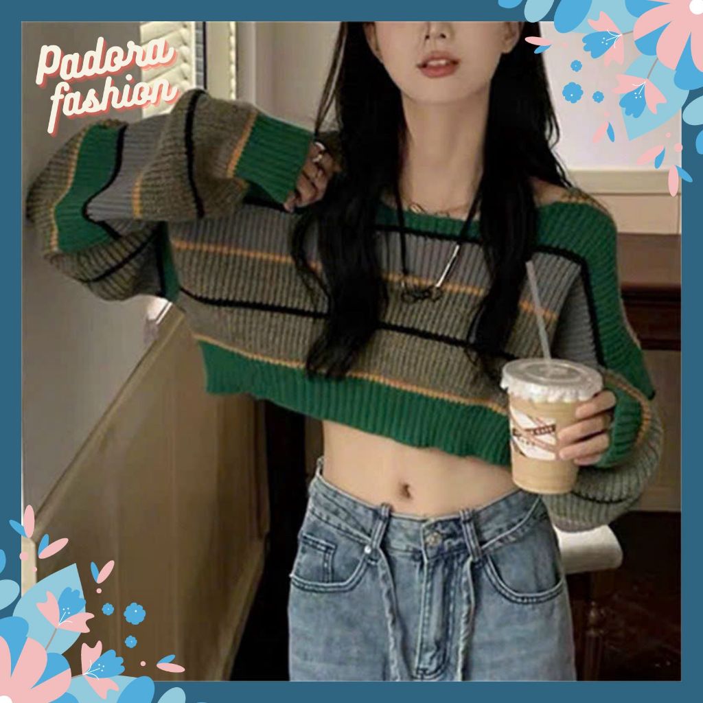 Áo len nữ croptop kẻ xanh tay dài hottrend phong cách Hàn Quốc trẻ trung Padora-A780