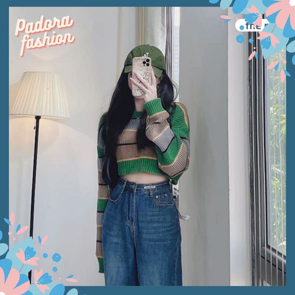 Áo len nữ croptop kẻ xanh tay dài hottrend phong cách Hàn Quốc trẻ trung Padora-A780