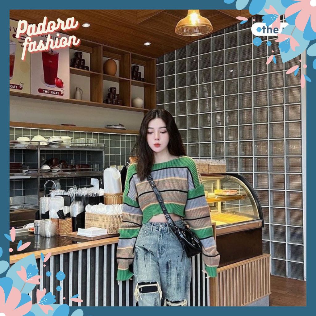 Áo len nữ croptop kẻ xanh tay dài hottrend phong cách Hàn Quốc trẻ trung Padora-A780