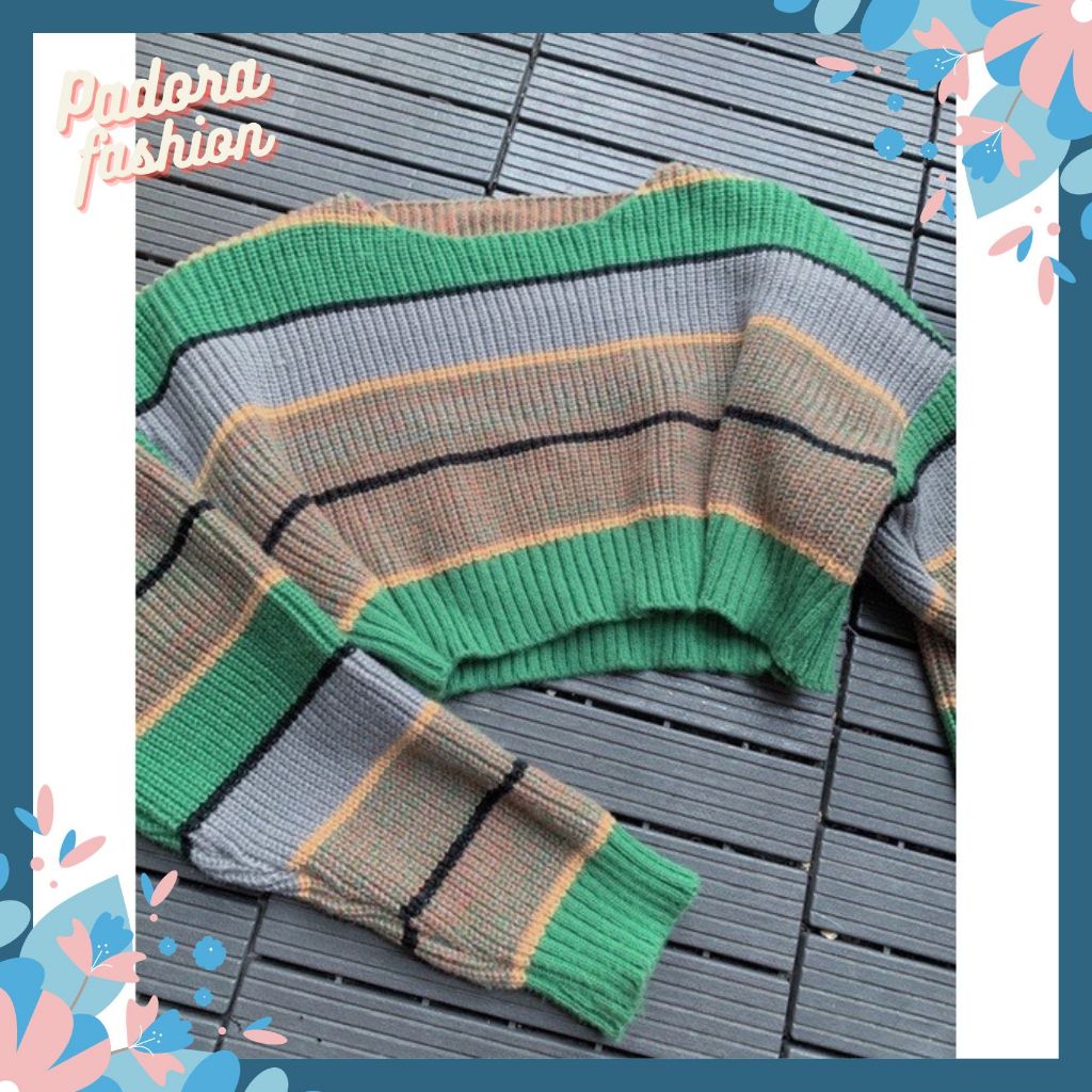 Áo len nữ croptop kẻ xanh tay dài hottrend phong cách Hàn Quốc trẻ trung Padora-A780