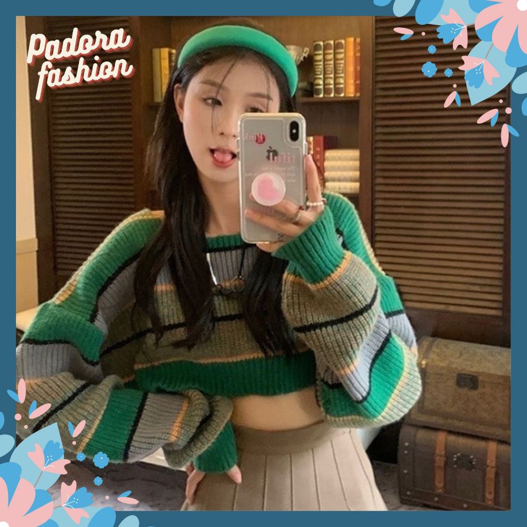 Áo len nữ croptop kẻ xanh tay dài hottrend phong cách Hàn Quốc trẻ trung Padora-A780
