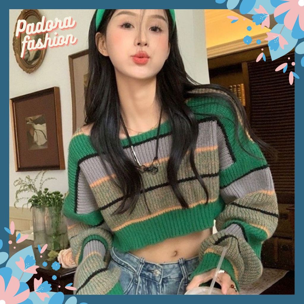 Áo len nữ croptop kẻ xanh tay dài hottrend phong cách Hàn Quốc trẻ trung Padora-A780