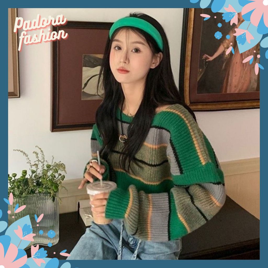 Áo len nữ croptop kẻ xanh tay dài hottrend phong cách Hàn Quốc trẻ trung Padora-A780