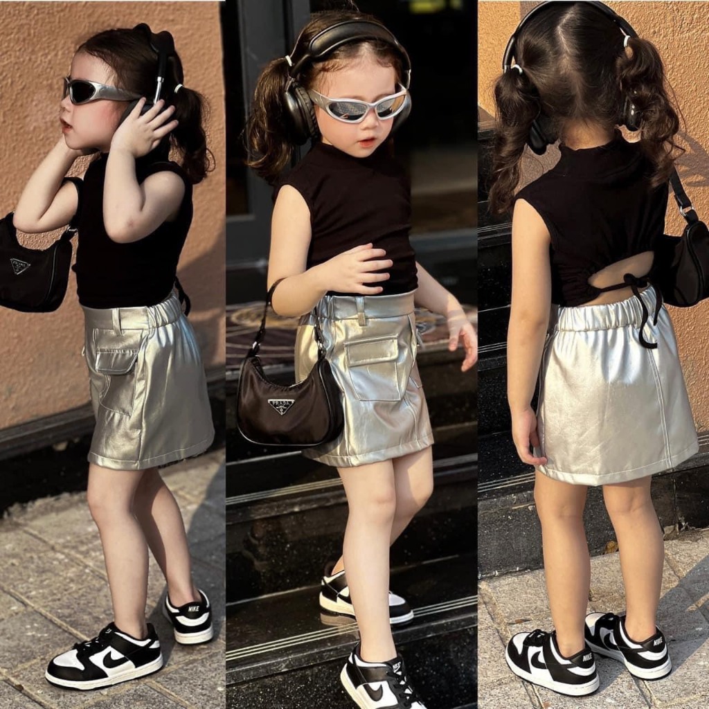 10-30KG SET ÁO CỘC HỞ LƯNG CỘT NƠ KÈM CHÂN VÁY BẠC