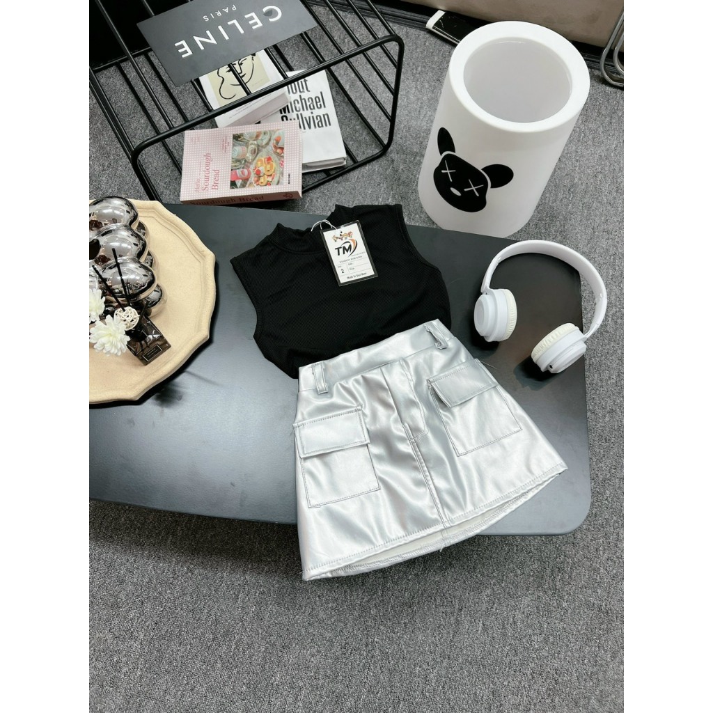 10-30KG SET ÁO CỘC HỞ LƯNG CỘT NƠ KÈM CHÂN VÁY BẠC