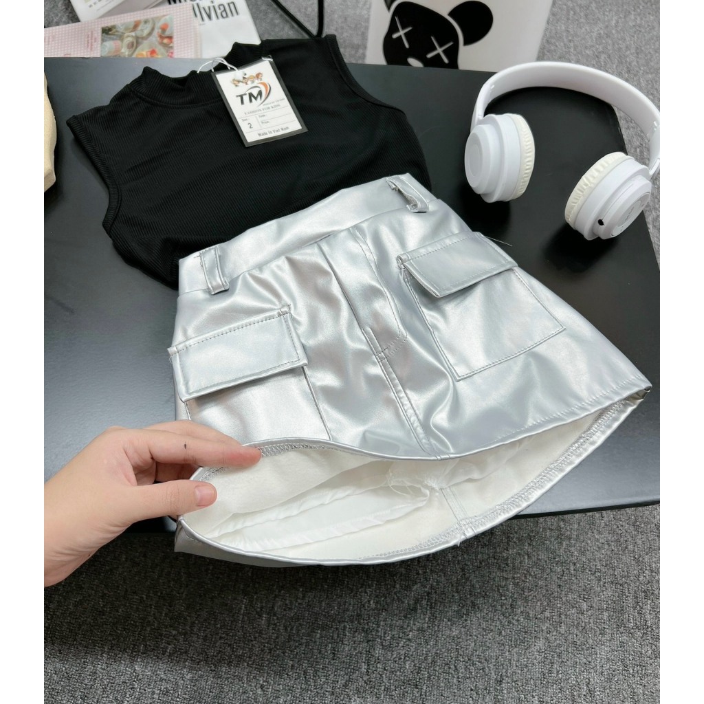 10-30KG SET ÁO CỘC HỞ LƯNG CỘT NƠ KÈM CHÂN VÁY BẠC