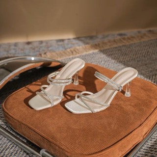 Dép cao gót nữ  7p, guốc cao gót 7 phân quai mảnh phối dây ngang siêu đẹp màu đen trắng TH150