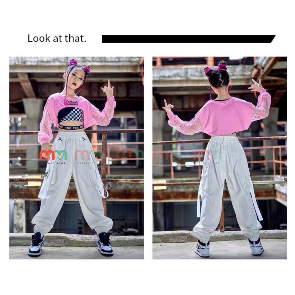 Đồ nhảy hiphop cho bé gái 3 chi tiết Mocmockids áo croptop dài tay, quần Dù túi hộp cao cấp cho bé 18kg đến 48kg