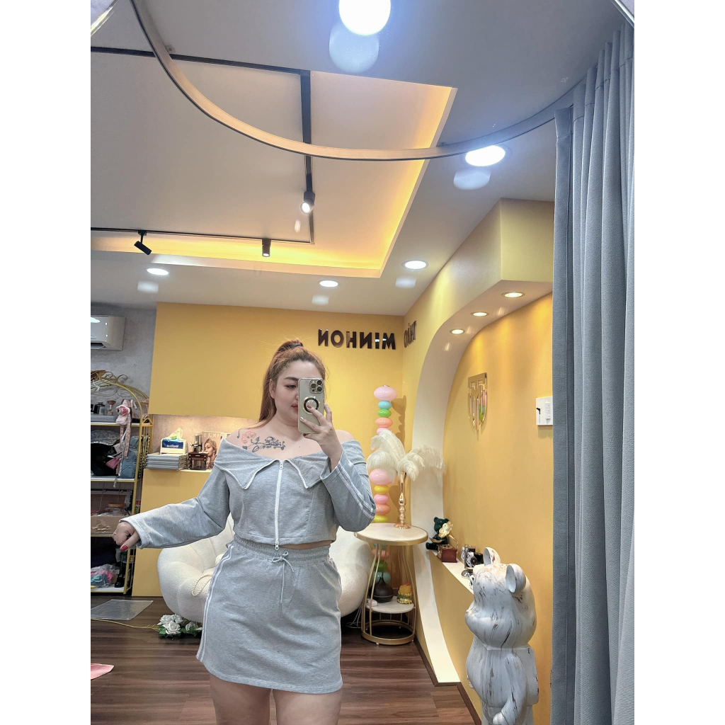 Set bẹt vai dây kéo bigsize tay dài thảo minhon mix chân váy kèm lót quần từ-60-90kg