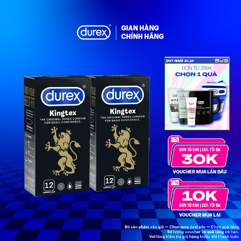 Bộ 2 hộp bao cao su Durex Kingtex ôm sát, bôi trơn (size 49mm, 12 bao/hộp)