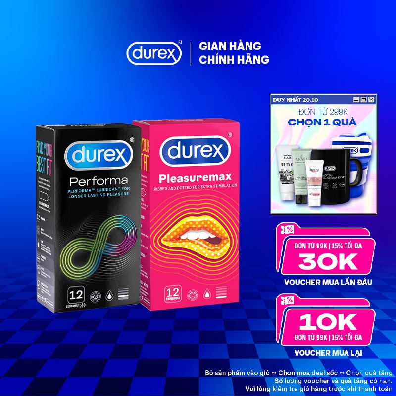 Bộ 1 hộp bao cao su Durex Performa kéo dài thời gian size 52mm và 1 hộp Durex Pleasuremax gân gai size  56mm, 12bao/hộp