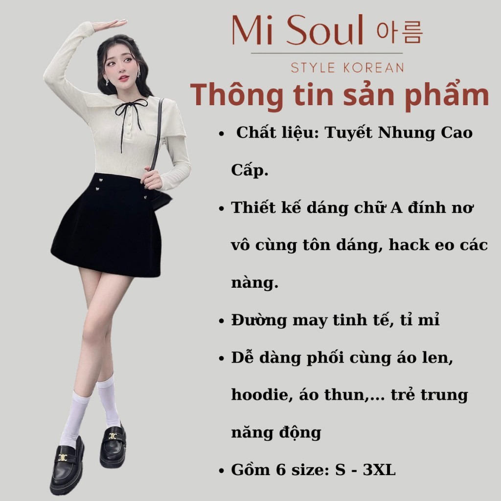 Chân Váy Nhung Cạp Cao Đính Nơ Misoul, Váy Nhung Chữ A Có Lớp Lót Quần 2 Lớp 231