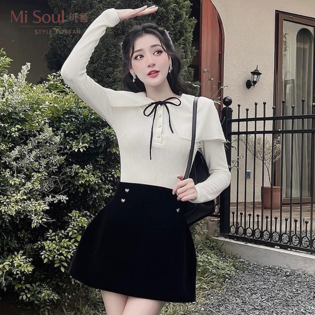 Chân Váy Nhung Cạp Cao Đính Nơ Misoul, Váy Nhung Chữ A Có Lớp Lót Quần 2 Lớp 231