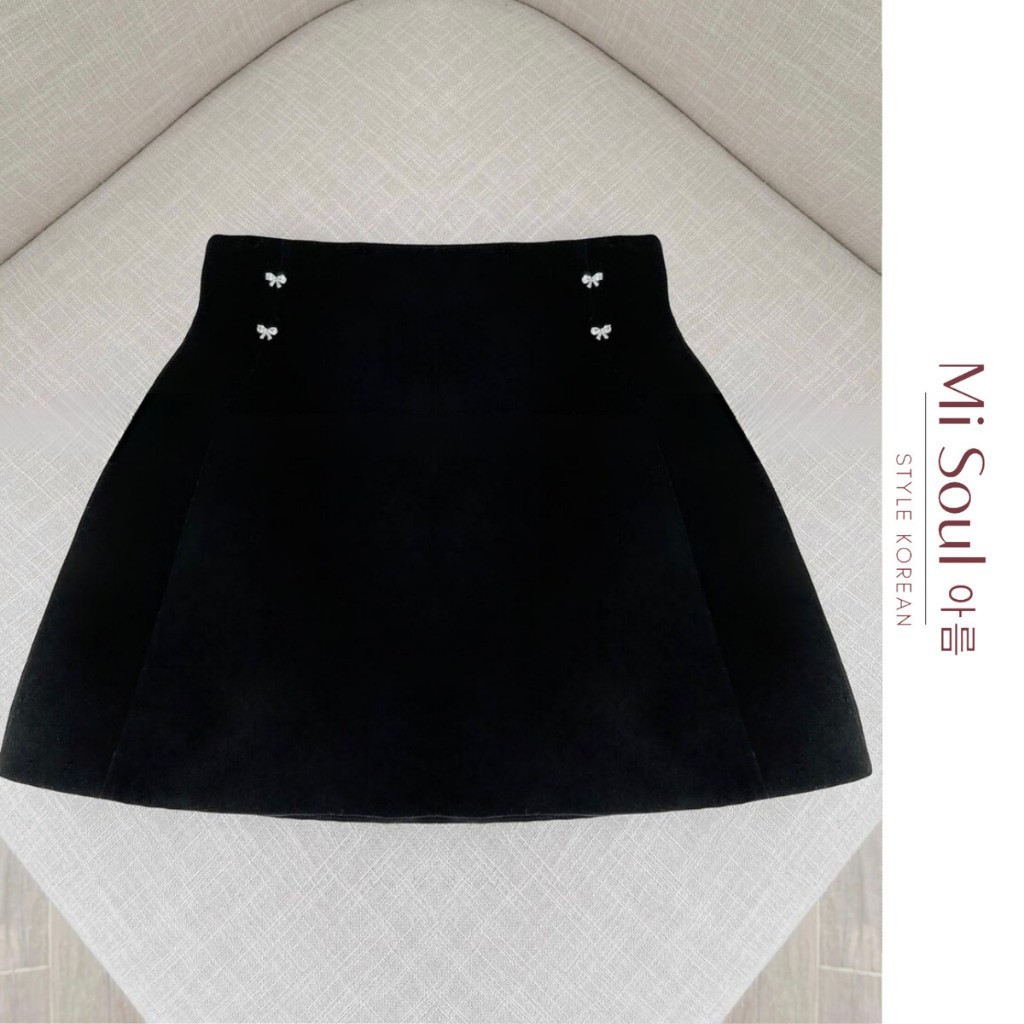 Chân Váy Nhung Cạp Cao Đính Nơ Misoul, Váy Nhung Chữ A Có Lớp Lót Quần 2 Lớp 231