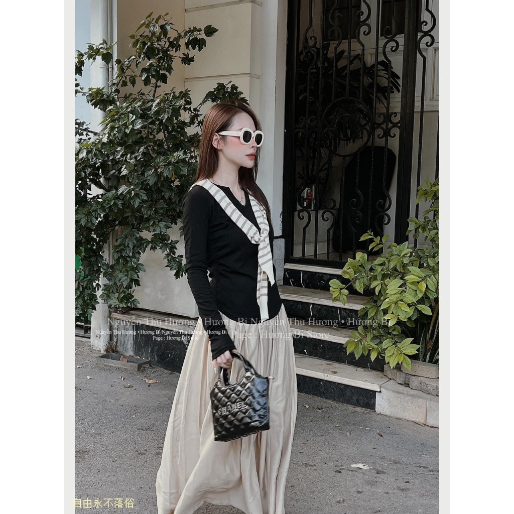 SET ÁO ĐEN TAY DÀI GÂN TĂM BODY XẺ V + DÂY SỌC QUÀNG CỔ + CHÂN VÁY MIDI KEM SUÔNG