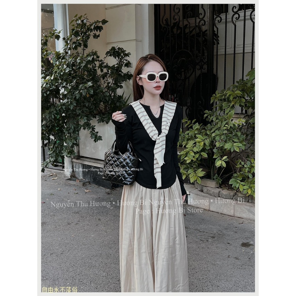 SET ÁO ĐEN TAY DÀI GÂN TĂM BODY XẺ V + DÂY SỌC QUÀNG CỔ + CHÂN VÁY MIDI KEM SUÔNG