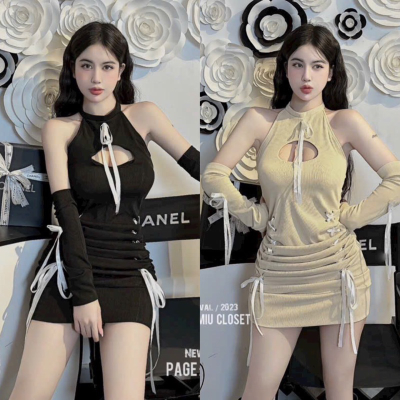 Đầm Body Tăm Lạnh Sát Khoét Ngực Dáng Ngắn Phối Dây Rút 2 Bên + Ống Tay Rời