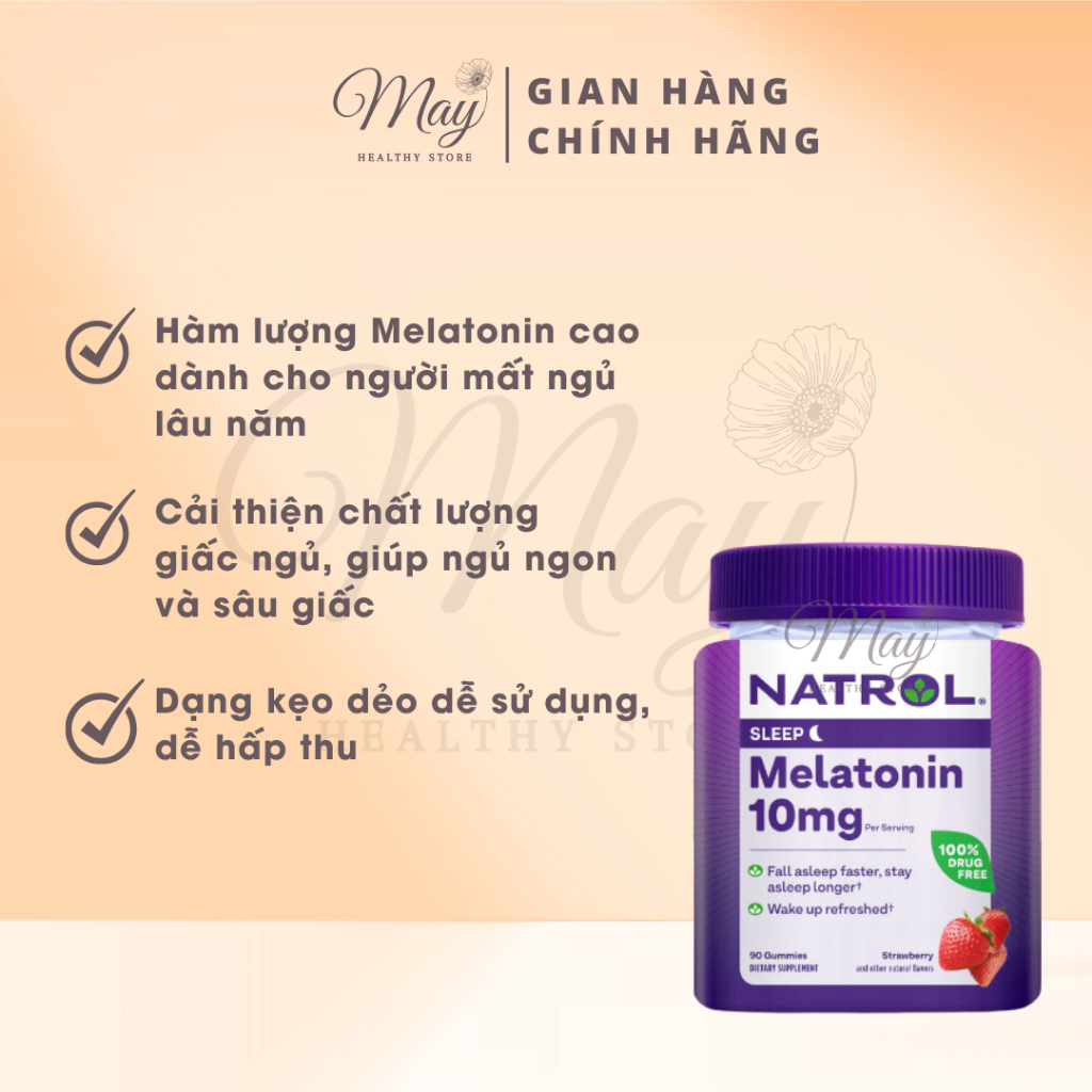 Kẹo Dẻo Cải Thiện Giấc Ngủ Natrol Gummies Melatonin 10mg Strawberry (Lọ 90 Viên)