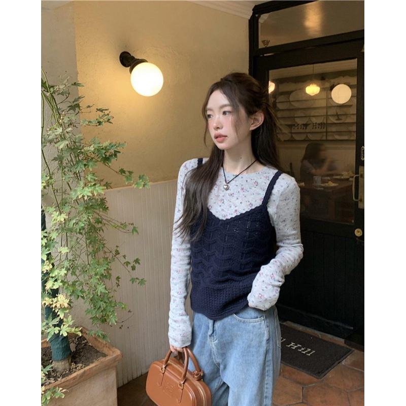 Set áo len xám+yếm đan len