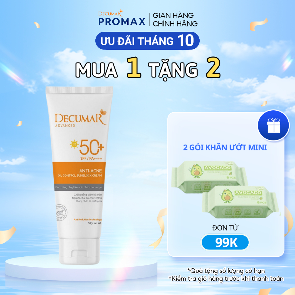 Kem Chống Nắng Kiềm Dầu Ngừa Mụn Dành Cho Da Mụn Decumar Advanced  Anti - Acne Oil Control Sunblock Cream SPF50 50g