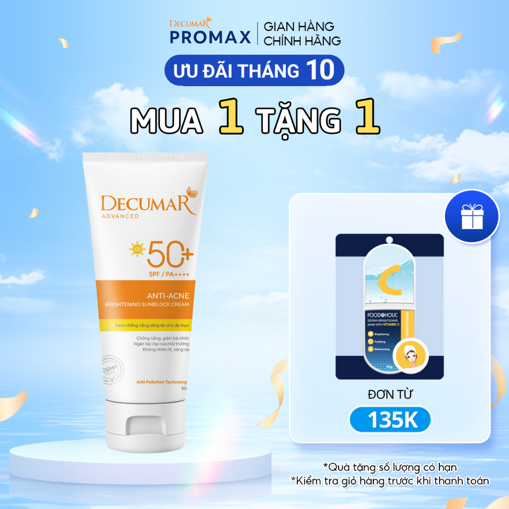 Kem Chống Nắng Ngừa Mụn Sáng Da Decumar Advanced THC Anti - Acne Brightening Sunblock Cream 50g