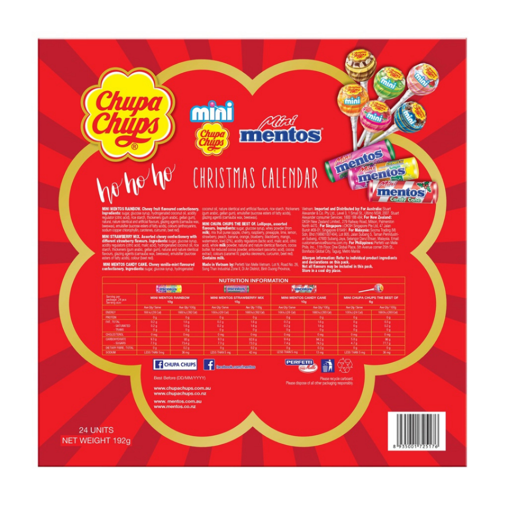 Hộp Kẹo Bộ Lịch Giáng Sinh Mini Chupa Chups và Mini Mentos 192g