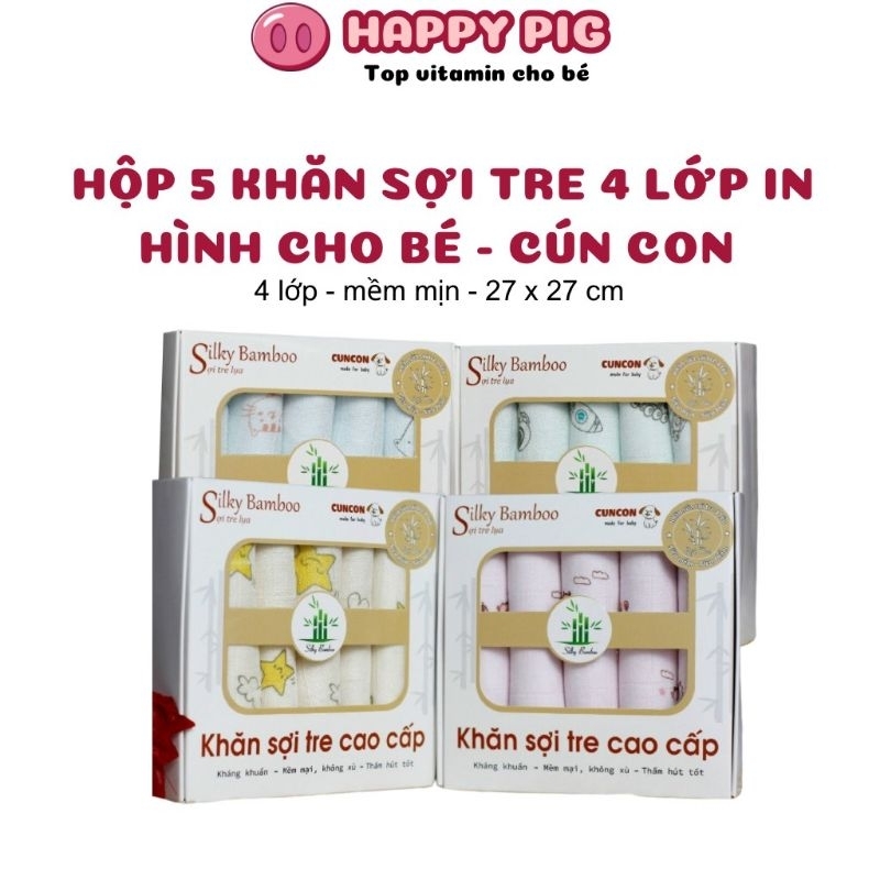 Hộp 5 khăn sữa sợi tre in hình thương hiệu Cún Con cho bé - Khăn vải sợi tre cho bé sơ sinh Happypig