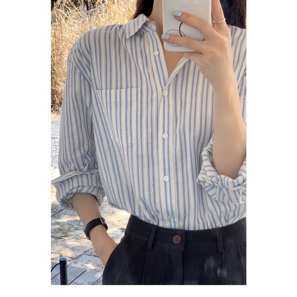 Áo sơ mi kẻ sọc , áo sơ mi VGU tay dài chất liệu cotton dáng rộng