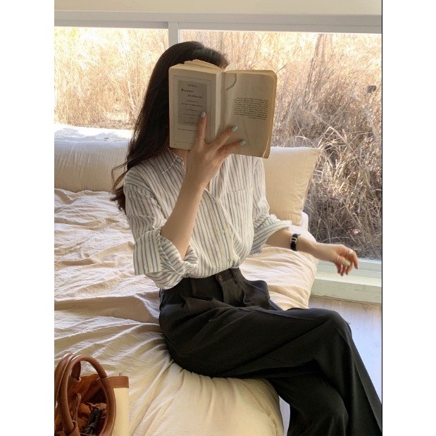 Áo sơ mi kẻ sọc , áo sơ mi VGU tay dài chất liệu cotton dáng rộng