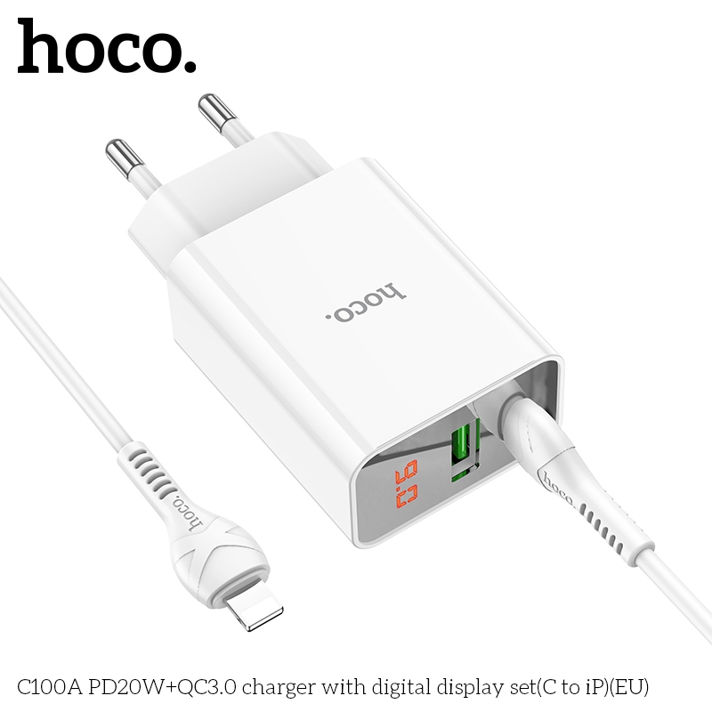 Bộ sạc nhanh Hoco C100A Củ sạc nhanh PD20W/ QC18W có đèn báo củ sạc 2 cổng cắm USB và type C cho lP, oppo,samsung,Androi